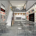 Modern Industrial Restaurant Interior with Metal Tables Stools Menu Boards and Food Images on Walls