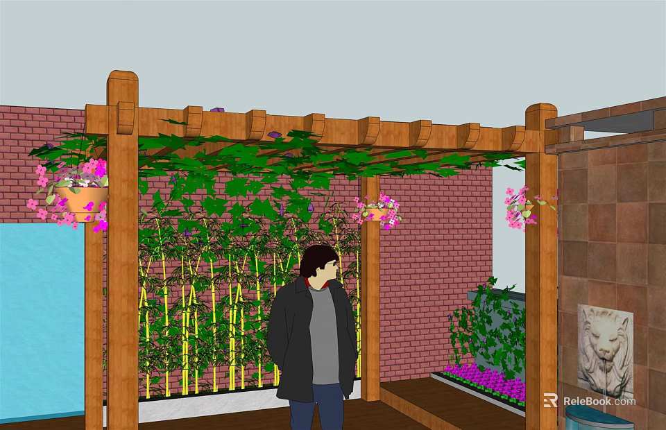 Beautiful Courtyard Garden Featuring Wooden Pergola with Green Vines Pink Flowers and Bamboo 3d model 