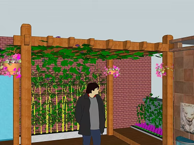 Beautiful Courtyard Garden Featuring Wooden Pergola with Green Vines Pink Flowers and Bamboo 3d model