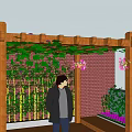 Beautiful Courtyard Garden Featuring Wooden Pergola with Green Vines Pink Flowers and Bamboo