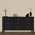 Black Entryway Cabinet Sideboard with Drawers Silver Knobs Table Lamp Radio and Vase 3d model