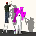 Men Painting Wall With Large Purple Letter Shape Using Ladder And Paint Bucket