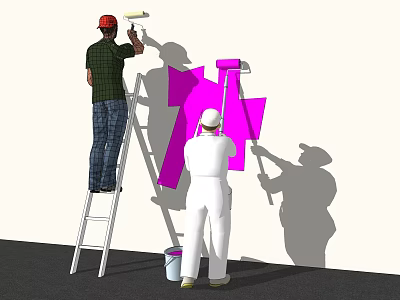 Men Painting Wall With Large Purple Letter Shape Using Ladder And Paint Bucket 3d model
