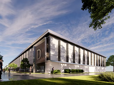 Modern Industrial Factory Building Exterior With Large Glass Windows And Steel Structure 3d model