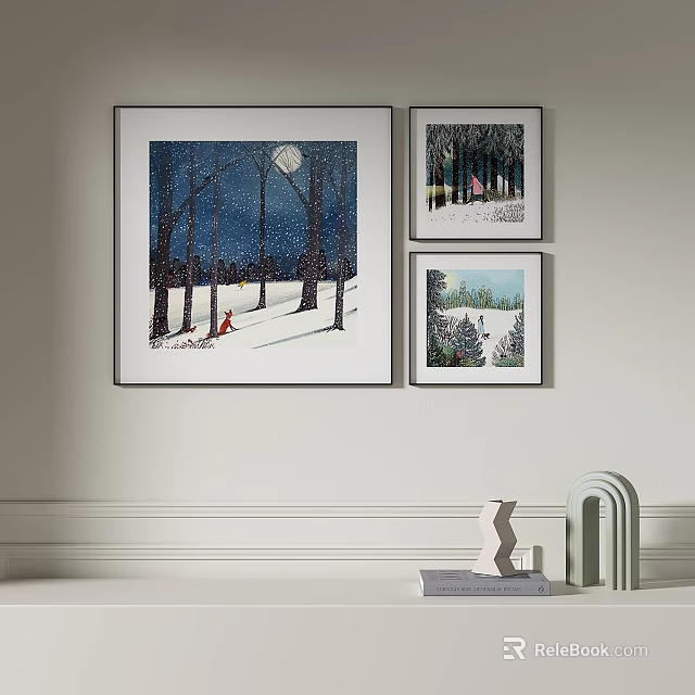 Wall Art Decor With Snowy Landscape Paintings Trees And Moon 3d model 