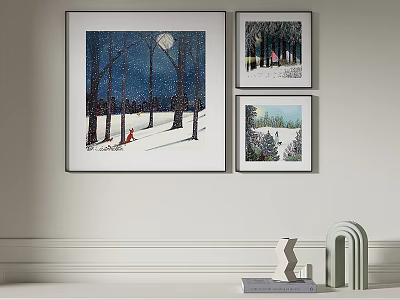 Wall Art Decor With Snowy Landscape Paintings Trees And Moon 3d model