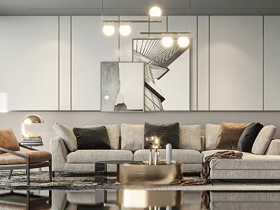 Modern Grey Sofa and Coffee Table Set with Decorative Cushions in Living Room 3d model