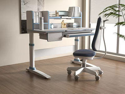 Modern Kids Study Desk With Adjustable Height Ergonomic Chair And Storage Shelves 3d model