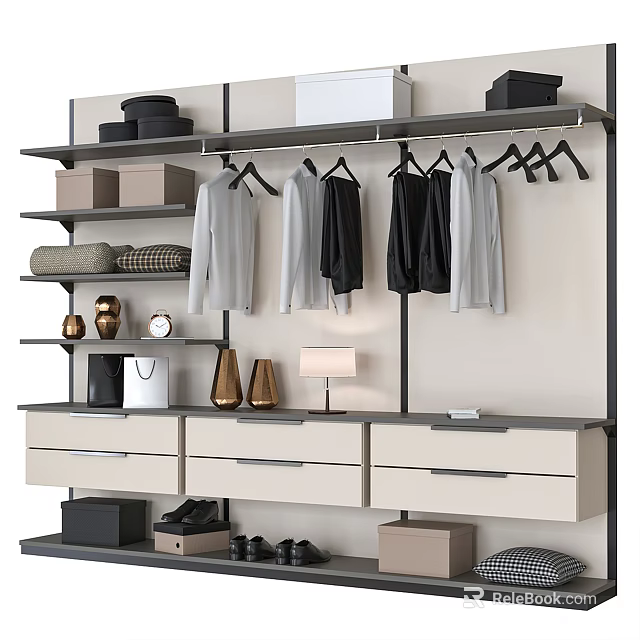 Modern Minimalist Wardrobe Interior With Hanging Clothes Drawers Shelves And Decorative Items 3d model 