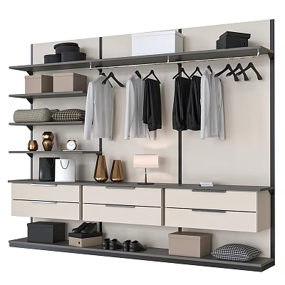 Modern Minimalist Wardrobe Interior With Hanging Clothes Drawers Shelves And Decorative Items 3d model