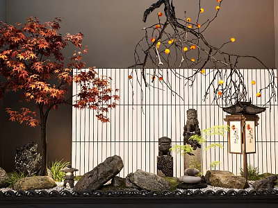 Japanese Style Indoor Landscape With Red Maple Leaves Persimmon Tree And Stone Lantern 3d model