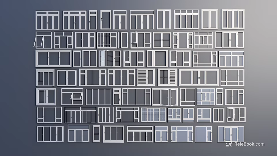 Various Styles of Windows and Doors on Gray Background Design Collection 3d model 