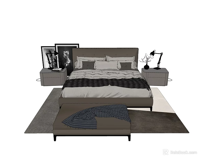 Modern Double Bed Interior With Bedside Tables Lamp Rug And Bench 3d model