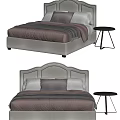 Modern Double Bed With Upholstered Headboard Beige Brown Bedding And Side Table 3d model