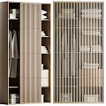 Modern Wardrobe Interior With Hanging Clothes And Wooden Sliding Doors