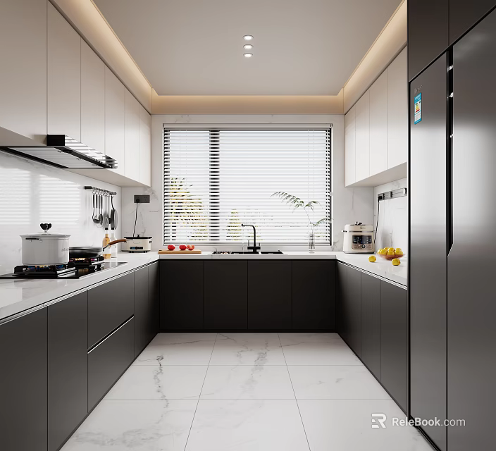 Modern Kitchen With White Upper Cabinets Black Lower Cabinets Marble Floor Sink And Appliances 3d model 
