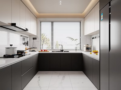 Modern Kitchen With White Upper Cabinets Black Lower Cabinets Marble Floor Sink And Appliances 3d model