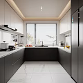 Modern Kitchen With White Upper Cabinets Black Lower Cabinets Marble Floor Sink And Appliances
