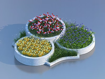 Colorful Flowers in Round Stone Planters with Red White Yellow Blue Blooms and Green Grass 3d model
