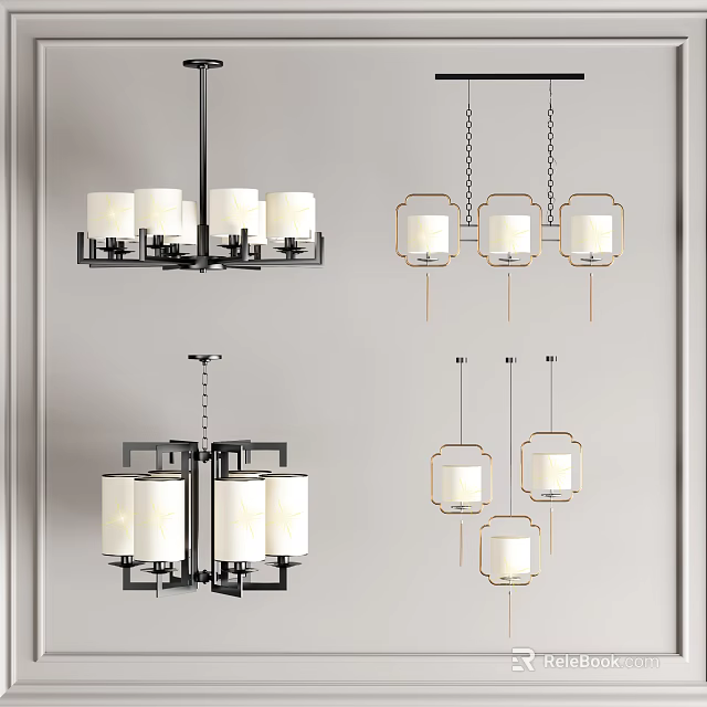 Various Modern Chandeliers with Geometric Frames and White Lampshades 3d model