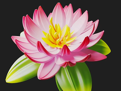 Pink Lotus Flower with Yellow Center and Green Leaves on Black Background 3d model