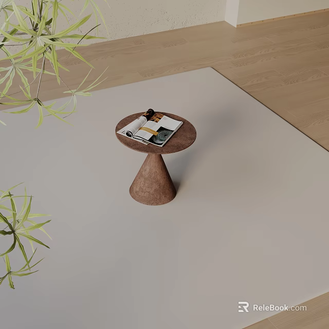 Brown Conical Base Side Table With Magazines And Green Plants On Light Rug 3d model