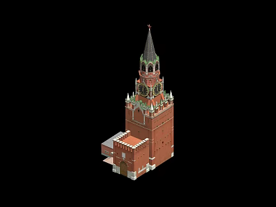 Ancient Architectural Tower Red Brick Structure with Green Spire and Clock Details 3d model