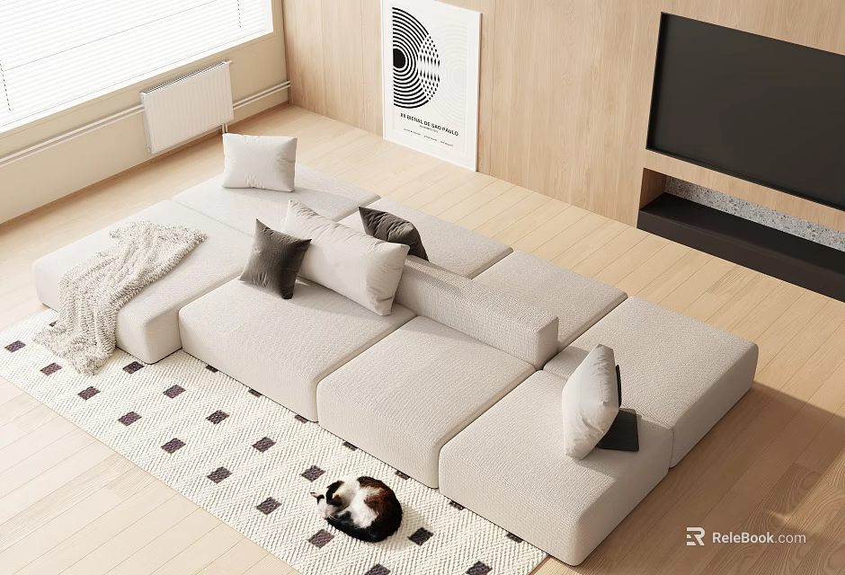 Beige Multi person Fabric Sofa With Pillows On Geometric Rug In Living Room With Cat 3d model 