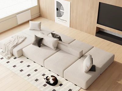 Beige Multi person Fabric Sofa With Pillows On Geometric Rug In Living Room With Cat 3d model