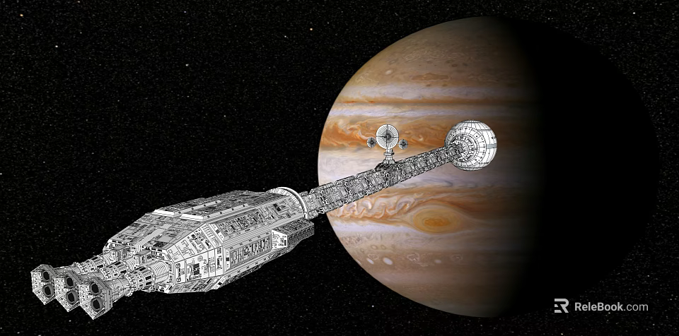Spaceship Exploring Jupiter In Deep Space With Celestial Bodies And Starry Sky 3d model 
