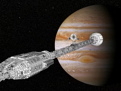 Spaceship Exploring Jupiter In Deep Space With Celestial Bodies And Starry Sky 3d model