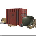 Public Facility Setup Featuring Red Container Green Fuel Tank And Sandbags 3d model