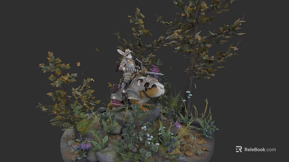 Armed Character Riding Boar In Forest With Trees Leaves And Flowers 3d model