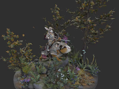 Armed Character Riding Boar In Forest With Trees Leaves And Flowers 3d model
