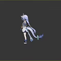 3D Anime Horned Character With Purple Hair Blue And White Traditional Outfit Holding Red Ornament