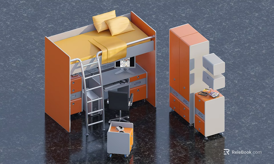 Compact Elevated Orange Single Bed with Underbed Desk Drawers Chair and Wardrobe 3d model 