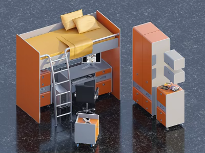 Compact Elevated Orange Single Bed with Underbed Desk Drawers Chair and Wardrobe 3d model