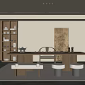 Modern Tea Room With Wooden Bookshelves Long Table Chair And White Round Stools