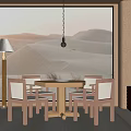 Wooden Round Dining Table Set With Four Chairs And Desert View Through Large Window 3d model
