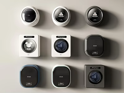 Various Modern Small Washing Machines With Different Colorful Designs And Controls 3d model