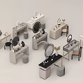 Elegant Modern Dressing Tables With Round Mirrors Stools And Storage 3d model