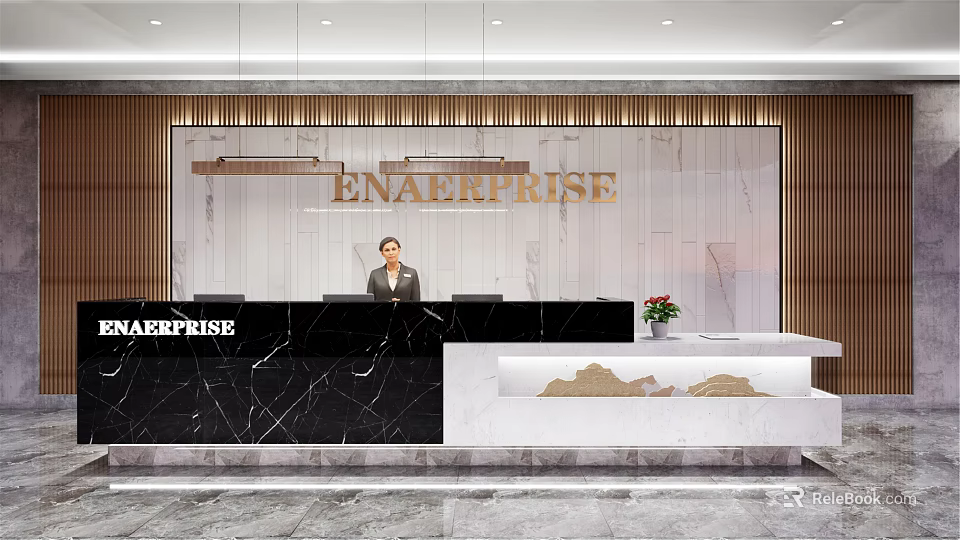 Modern Office Front Desk Reception With Enterprise Logo Black Marble Counter And Red Flower Bouquet 3d model 