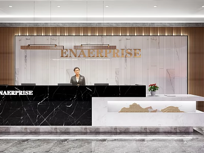 Modern Office Front Desk Reception With Enterprise Logo Black Marble Counter And Red Flower Bouquet 3d model