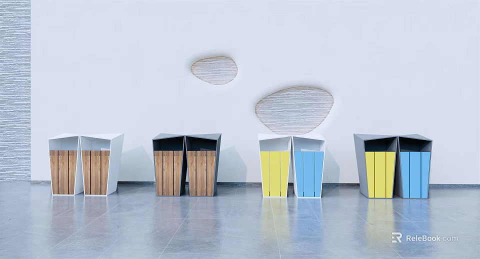 Public Facility Recycling Bins Arranged With Various Colors Wooden Panels White Wall And Gray Floor 3d model 