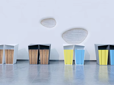 Public Facility Recycling Bins Arranged With Various Colors Wooden Panels White Wall And Gray Floor 3d model