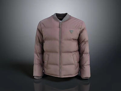 Pink Puffer Jacket With Gray Collar Zipper Closure And Chest Logo Design 3d model