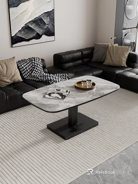Black Leather Sofa and Marble Coffee Table with Decorative Pillows and Blanket in Living Room 3d model 