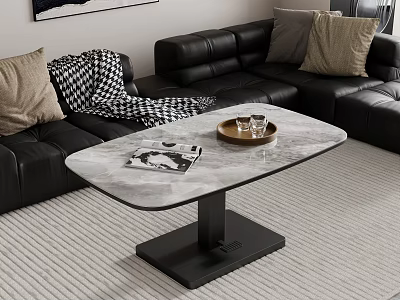 Black Leather Sofa and Marble Coffee Table with Decorative Pillows and Blanket in Living Room 3d model