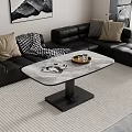 Black Leather Sofa and Marble Coffee Table with Decorative Pillows and Blanket in Living Room