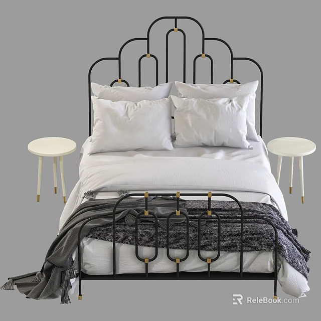 Modern Black Metal Double Bed With Gold Accents White Pillows And White Nightstands 3d model 
